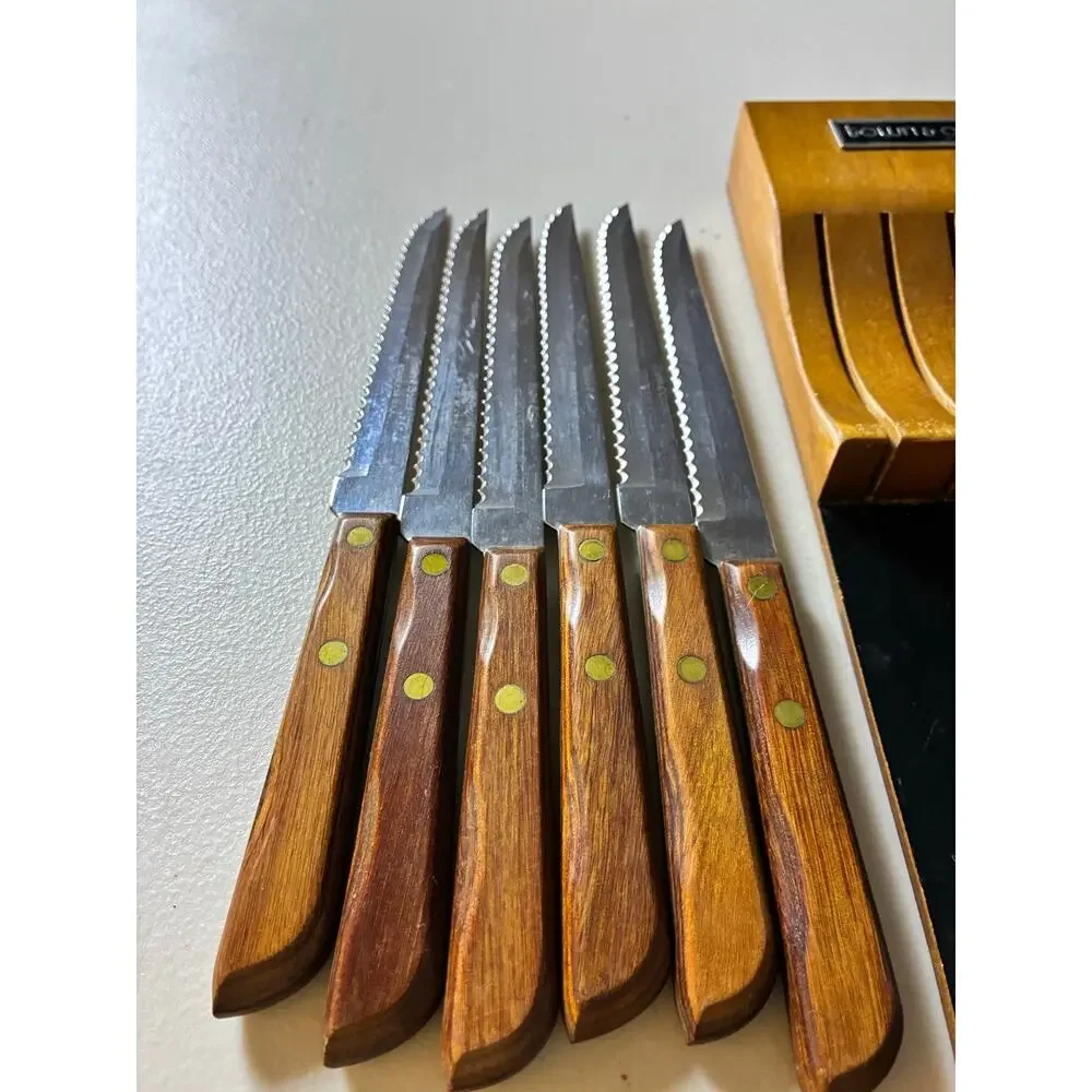 Vintage Town & Country Washington Forge 6 Steak Knives Wood Wall Rack Set USA